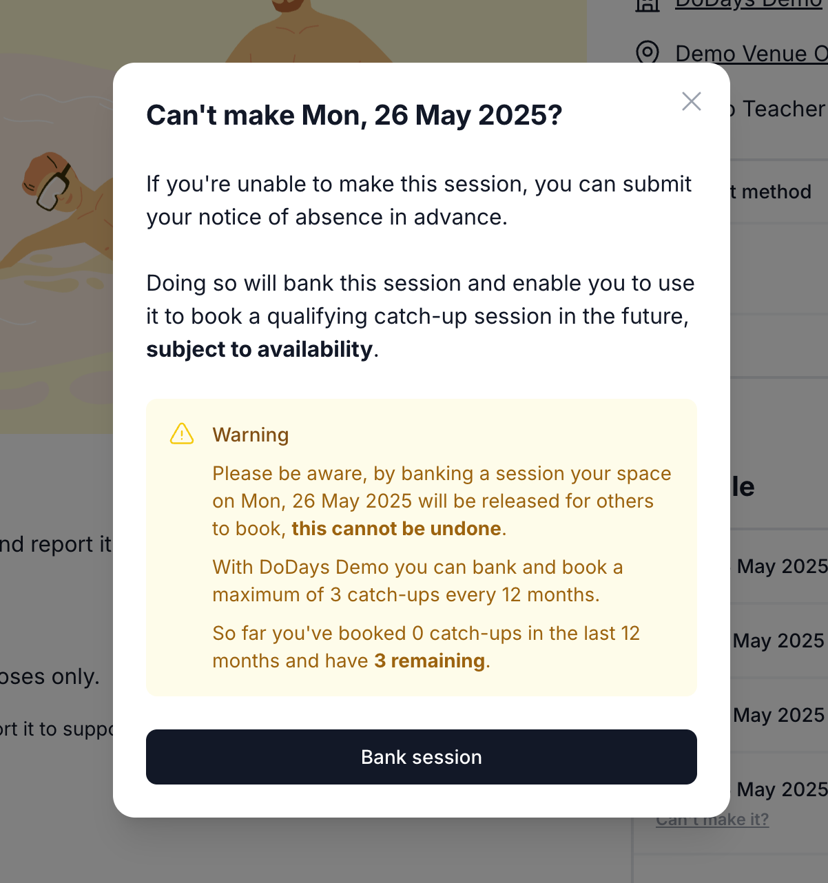 Banking session modal