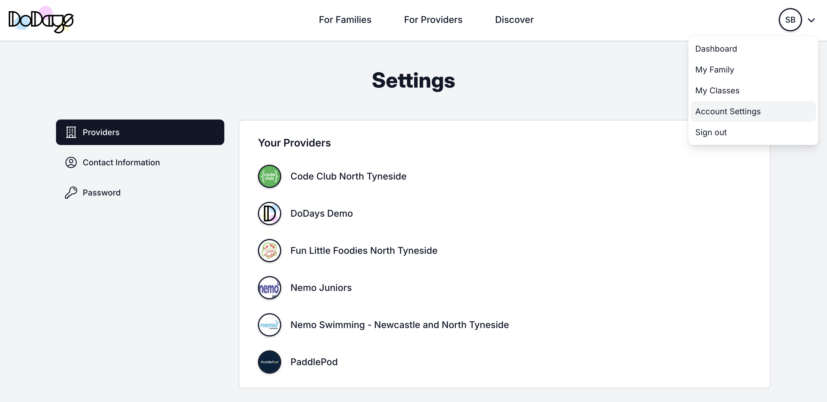 Account settings menu